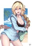  :d bag bangs beach bikini black_bikini black_hairband blonde_hair blue_eyes blue_hoodie blue_sky braid breasts cleavage collarbone commentary_request contrapposto cowboy_shot day eyebrows_visible_through_hair fate/grand_order fate_(series) floating_hair hair_between_eyes hairband handbag highres holding holding_bag horizon jeanne_d'arc_(fate)_(all) jeanne_d'arc_(swimsuit_archer) large_breasts long_hair looking_at_viewer navel no_pants ocean open_mouth outdoors palm_tree partially_unzipped re_(re_09) sand shiny shiny_hair shiny_skin sidelocks signature single_braid sky smile solo standing striped swimsuit tree very_long_hair zipper 