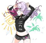  1girl alternate_costume arms_up asymmetrical_hair black_shirt bunny camouflage_shirt commentary_request drill_hair grey_eyes grin heart highres lavender_hair long_hair long_sleeves looking_at_viewer marking_on_cheek megumegu midriff multicolored_hair navel one_eye_closed palm_tree pink_hair poaro sea_spray shirt short_shorts shorts single_drill smile solo splashing sun tree two-tone_hair white_background 