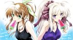  2girls ahoge artist_name black_shirt blue_eyes blue_shirt bow breasts brown_hair cleavage collarbone dated eyebrows_visible_through_hair food fuuka_reventon green_bow green_eyes hair_between_eyes hair_bow hair_ornament hair_scrunchie high_ponytail ice_cream large_breasts long_hair looking_at_viewer lyrical_nanoha mouth_hold multiple_girls purple_bow purple_scrunchie rinne_berlinetta san-pon scrunchie shirt sidelocks silver_hair sketch sleeveless sleeveless_shirt upper_body very_long_hair vivid_strike! 