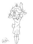 3:4 alice_(xammyxx) black_and_white blush clothed clothing deer footwear fully_clothed hair hi_res kasika kemono looking_at_viewer mammal monochrome one_eye_closed oversized_clothing oversized_shirt oversized_topwear scut_tail shirt short_hair short_tail signature sketch smile socks solo star_accessory tail topwear watermark yawning_position