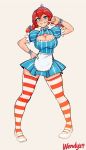  1girl apron blue_eyes blush breasts cleavage curvy dress freckles full_body hand_on_waist large_breasts pose red_hair shoes smile socks solo striped striped_dress striped_legwear teeth thick_thighs thighs twintails wendy&#039;s wendy_(wendy&#039;s) white_shoes 