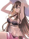  bare_shoulders bikini_top breasts brown_hair cleavage commentary_request cowboy_shot flower frills granblue_fantasy hair_between_eyes hat large_breasts long_hair navel purple_eyes pursed_lips rose rosetta_(granblue_fantasy) sieru skirt smile solo sun_hat white_background 