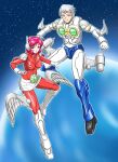  1boy 1girl android ann_(microman) breasts chiisana_kyojin_microman:_uborg_senki_2010 clenched_hand closed_mouth commentary_request full_body grey_eyes grey_hair highres leg_wings looking_at_viewer mechanical_wings medium_breasts microman miniskirt official_artist_extra open_mouth oyomesandazo planet red_eyes red_hair robot_ears skirt space star_(sky) tatsuya_(microman) thrusters white_skirt wings 