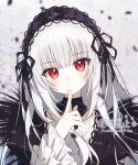  1girl black_dress blush chinese_commentary closed_mouth collarbone commentary_request commission dress finger_to_own_chin gothic_lolita hairband hand_up highres lolita_fashion lolita_hairband long_hair long_sleeves looking_at_viewer red_eyes rozen_maiden solo suigintou too_many_watermarks upper_body watermark zhishi_boluo_fan 
