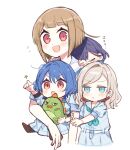  4girls :< :3 :d aged_down aqua_neckerchief blue_dress blue_eyes blue_hair bluesky021 blush bob_cut braid carrying ceras_yanagida_lilienfeld character_request check_character closed_mouth dress flying_sweatdrops frown gonzales_(love_live!) grey_hair hair_ribbon hands_on_another's_arm hands_on_another's_shoulders hasu_no_sora_school_uniform inverted_bob kachimachi_kosuzu katsuragi_izumi long_hair long_sleeves love_live! love_live!_hasu_no_sora_jogakuin_school_idol_club medium_hair multiple_girls neckerchief open_mouth orange_eyes piggyback pink_ribbon puffy_short_sleeves puffy_sleeves red_eyes reisawa_aoi ribbon sailor_collar sailor_dress school_uniform short_hair short_sleeves side_ahoge side_braid simple_background sleeping smile sparkle stuffed_dinosaur summer_uniform virtual_youtuber white_background white_sailor_collar winter_uniform zzz 