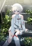  1girl absurdres asymmetrical_legwear bare_shoulders blonde_hair breasts clothing_cutout commentary_request hat highres hololive hololive_dev_is leotard leotard_under_clothes looking_at_viewer official_alternate_costume parted_lips purple_eyes purple_hair short_hair shoulder_cutout shrug_(clothing) single_thighhigh sitting sitting_on_stairs small_breasts solo stairs thighhighs todoroki_hajime todoroki_hajime_(regloss_uniform) two_side_up virtual_youtuber white_hat white_leotard white_shrug white_thighhighs yonezaki_yuu 