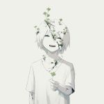  avogado6 closed_eyes clover commentary cracked_skin four-leaf_clover holding_clover male_focus muted_color open_mouth original pale_skin smile solo spot_color white_background white_hair 