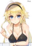  ahoge bangs bare_shoulders bikini black_bikini black_hairband blonde_hair blue_eyes blush breasts cleavage collarbone commentary eyebrows_visible_through_hair fate/grand_order fate_(series) fingernails hair_between_eyes hair_flaps hairband highres jeanne_d'arc_(fate)_(all) jeanne_d'arc_(swimsuit_archer) large_breasts long_hair looking_at_viewer nayuhi_(yukimuu14) parted_lips signature simple_background solo swimsuit very_long_hair white_background 