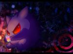  bug butterfly commentary_request dark_background frown gengar ghost horse insect kurosiro light_particles looking_at_viewer mega_stone no_humans pokemon red_eyes sitting 