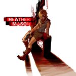  1girl blonde_hair boots brown_boots brown_skirt character_name dynamic_pose english_text freckles full_body gun handgun heather_mason highres holding holding_gun holding_weapon miniskirt neal_d._anderson pocket shadow short_hair silent_hill_(series) silent_hill_3 simple_background sitting skirt sleeveless sleeveless_turtleneck solo turtleneck vest weapon white_background wristband 