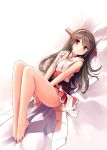  bare_shoulders barefoot black_hair brown_eyes eyebrows_visible_through_hair full_body hair_ornament hairclip haruna_(kantai_collection) headgear highres jewelry kantai_collection kuro-kun_(nablack) long_hair looking_at_viewer lying nontraditional_miko on_back on_bed pleated_skirt red_skirt remodel_(kantai_collection) ring skirt solo wedding_band 