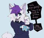 2023 blue_eyes blue_long_sleeve_shirt blue_pawpads container cup dialogue domestic_cat english_text eyeshadow fangs felid feline felis fur grey_body grey_ears grey_fur grey_tail grimace_shake hair hi_res holding_container holding_cup holding_object kiwi_(tr1clip) makeup mammal mcdonald's meme open_mouth pawpads purple_hair purple_inner_ear purple_tongue speech_bubble tail teeth text tongue tr1clip