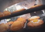  1girl animal_ears backlighting baking baking_sheet black_vest blush bread commentary_request croissant day dutch_angle egg_(food) extra_ears food fried_egg grey_eyes hair_ornament hairclip highres hoji_(hooooooooji1029) indoors kitchen long_sleeves original oven oven_interior parted_lips pepper_(spice) shirt short_hair slit_pupils solo steam upper_body vest white_hair white_shirt 