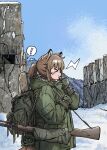  ! >_< 1girl absurdres animal_ears backpack bag battle_rifle blowing_whistle blue_sky brown_hair commentary day english_commentary fox fox_ears fox_girl fox_girl_(yihan_world) fox_tail from_side gloves green_gloves green_jacket gun highres hood hood_down hooded_jacket jacket m14 m21 original outdoors ponytail profile rifle sky sniper_rifle solo spoken_exclamation_mark tail weapon winter yihan_world 