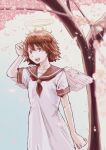  1girl :d angel angel_wings ascot brown_eyes brown_hair cherry_blossoms cowboy_shot dress falling_petals feathered_wings haibane_renmei halo highres looking_at_viewer messy_hair neckerchief oisiiidoo open_mouth petals rakka_(haibane_renmei) sailor_collar sailor_dress short_hair short_sleeves smile solo teeth traditional_halo tree upper_teeth_only white_dress white_wings wings 