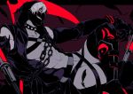  1boy belt black_gloves boots chain chest collar collarbone crossed_legs elbow_gloves feathers gloves grin hood knee_boots letterboxed limited_palette looking_at_viewer male_focus open_clothes purple_background red_eyes sandato scythe shirtless smile smirk spiked_collar spikes syringe thirteen_(#compass) white_hair 