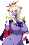  1girl absurdres alternate_costume blonde_hair breasts collarbone commentary_request cosplay dress epaulettes gloves gloves_over_sleeves gundam hat highres impossible_clothes impossible_dress kycilia_zabi kycilia_zabi_(cosplay) large_breasts long_hair looking_at_viewer mask mobile_suit_gundam mouth_mask purple_dress purple_eyes purple_mask raptor7 sidelocks simple_background solo touhou white_background white_gloves white_hat yakumo_yukari 