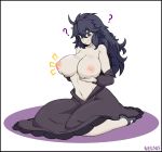  1girl ? ahoge artist_name breasts collarbone dress eyebrows_visible_through_hair headband hex_maniac_(pokemon) huge_breasts impossible_clothes kneeling long_dress long_hair long_sleeves messy_hair navel negsus nipples pokemon pokemon_(game) purple_eyes purple_hair simple_background solo turtleneck turtleneck_dress white_background 