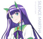  animal_ears aoba_(smartbeat) blue_eyes character_name commentary_request cosplay fake_animal_ears fate/grand_order fate_(series) hair_ornament horse_ears long_hair looking_at_viewer purple_hair saint_martha silence_suzuka silence_suzuka_(cosplay) solo umamusume white_background 