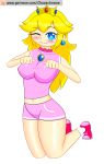  1girl blonde_hair blue_eyes broach chaoschrome crown earring hips jewelry large_breast long_hair mario_(series) nintendo princess_peach shorts simple_background solo super_mario_bros. thick_thighs thighs 