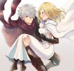  1girl blonde_hair carrying cloak couple dress fringe_trim gloves hair_over_one_eye hetero jewelry long_hair octopath_traveler ophilia_(octopath_traveler) princess_carry scarf short_hair smile therion_(octopath_traveler) wspread 