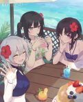  3girls :d artist_name bikini black_hair blue_bikini blueberry breasts cleavage closed_eyes closed_mouth commentary_request cup drinking drinking_glass drinking_straw floral_print flower food fruit hair_flower hair_ornament hibiscus highres holding holding_cup housho_margo kotetsu_080 kurobe_honoka kurobe_nanoka long_hair mahou_shoujo_no_majo_saiban multiple_girls navel open_mouth outdoors pancake purple_bikini purple_eyes short_hair siblings sisters smile strawberry swimsuit twintails white_bikini wristband 