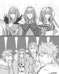  2koma 3girls 4boys bangs bikini bodysuit breasts cape comic commentary cu_chulainn_(fate/grand_order) cu_chulainn_(fate/prototype) cu_chulainn_alter_(fate/grand_order) dress eyebrows_visible_through_hair fate/grand_order fate/prototype fate/stay_night fate_(series) flower fur_trim greyscale hair_between_eyes hair_flower hair_ornament headpiece holding holding_weapon hood kkao_0 lancer long_hair monochrome multiple_boys multiple_girls multiple_persona open_mouth ponytail scathach_(fate)_(all) scathach_(fate/grand_order) scathach_(swimsuit_assassin)_(fate) scathach_skadi_(fate/grand_order) shocked_eyes short_hair shoulder_pads silent_comic smile sparkle sweatdrop swimsuit tattoo tiara wand weapon 