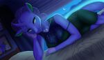 2026 5_fingers absurd_res anthro arm_support arms_bent bed biped blue_body blue_eyes blue_skin blue_sky blue_wall breasts changeling_(mlp) chest_gem clear_sky clothed clothed_anthro clothed_female clothing colored crescent_moon digital_drawing_(artwork) digital_media_(artwork) dress dutch_angle english_description eyebrows fan_character female female_anthro fingers fog friendship_is_magic furniture gem green_clothing green_dress green_inner_ear happy hasbro headboard hi_res horn inside leaning_on_elbow lidded_eyes light lighting long_mane looking_at_viewer lying lying_on_bed mane medium_breasts medium_mane moon mountain multicolored_body multicolored_skin my_little_pony night ocelia_(tertia) on_bed on_front picture_frame polarrcrystall pupils purple_eyebrows purple_horn purple_mane purple_tail shaded sky smile smiling_at_viewer sol_bright solo tail tan_blanket translucent_mane translucent_tail wall_(structure) white_pupils window window_curtains
