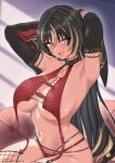  1girl absurdres amadea_wolfa armpit_crease armpits arms_behind_head arms_up artist_name bikini black_hair black_thighhighs blonde_streaks blush breasts collarbone commentary_request couch cowboy_shot detached_sleeves dolphin_wave fishnet_sleeves fishnet_thighhighs fishnet_top fishnets garter_straps hair_between_eyes halterneck highres indoors kenja_panda large_breasts layered_sleeves light_particles long_bangs long_hair long_sleeves looking_at_viewer multi-strapped_bikini_bottom multicolored_hair navel on_couch open_mouth red_bikini sideboob sitting smile solo stomach streaked_hair swimsuit thighhighs twitter_username very_long_hair yellow_eyes 
