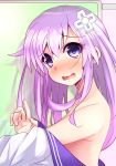  bare_shoulders blush d-pad d-pad_hair_ornament hair_ornament long_hair looking_at_viewer mirror nepgear neptune_(series) open_mouth purple_eyes purple_hair reflection solo undressing warabi_mochi_(ehimedaisuki) wavy_mouth 