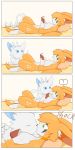  2018 absurd_res anthro bed book comic crossgender cute duo dust:_an_elysian_tail feral fidget fur hand_holding hi_res ifgirl kissing lying male male/male mammal nude orange_fur ori ori_and_the_blind_forest paws reading shocked simple_background smile video_games white_fur wings 