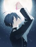  1boy absurdres ahoge arms_up backlighting black_hair blood blood_on_face buttons colored_blood commentary_request danganronpa_(series) danganronpa_v3:_killing_harmony deep_(deep4946) double-breasted full_moon gakuran hair_between_eyes highres interlocked_fingers looking_up male_focus moon own_hands_clasped own_hands_together pink_blood pinstripe_jacket pinstripe_pattern saihara_shuichi school_uniform short_hair solo upper_body 