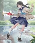  aqua_necktie black_hair black_shoes blue_eyes blue_sailor_collar blue_skirt brick_floor cloud cloudy_sky commentary_request flower grass half-closed_eyes holding holding_umbrella kneehighs medium_hair natsume_koji necktie open_mouth original pleated_skirt rain red_flower red_umbrella reflection sailor_collar school_uniform serafuku shirt shoes skirt sky sleeves_past_wrists socks splashing swept_bangs tap_dance tree twintails umbrella walking walking_on_liquid wet wet_clothes wet_shirt white_sky 