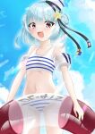  1girl bikini blue_hair blue_sky brown_eyes cloud commentary_request dixie_cup_hat double_bun fang flat_chest hair_bun hat highres innertube kantai_collection looking_at_viewer military_hat samuel_b._roberts_(kancolle) samuel_b._roberts_(swimsuit)_(kancolle) shiratsuki_azu short_hair sky smile solo striped_bikini striped_clothes swim_ring swimsuit white_bikini 