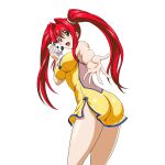  1girl :d animal-themed_food ass bare_arms bare_shoulders blush_stickers breasts brown_eyes chinese_clothes chinese_knot curtained_hair dress feet_out_of_frame food from_behind game_asset holding holding_food ikkitousen ikkitousen_extra_burst kanpei_(ikkitousen) large_breasts long_hair looking_at_viewer looking_back non-web_source official_art open_mouth outstretched_arm panda qipao reaching reaching_towards_viewer red_hair ring_hair_ornament self-datamine side_slit simple_background smile solo steamed_bun transparent_background twintails twisted_torso variant_set yellow_dress 