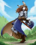 2024 aleanora anthro armor armorbun black_ear_tips blue_eyes boots bottomwear brown_hair clothed clothing cloud detailed_background digital_media_(artwork) dipstick_ears ear_markings facial_scar female fingers footwear fur furgonomic_headwear furgonomics glistening glistening_armor gloves grass hair handwear headgear helmet hi_res holding_armor holding_headgear holding_helmet holding_object lagomorph leaning leaning_backward leporid long_hair looking_at_viewer mammal markings melee_weapon multicolored_ears otakuap outside plant plate_armor pose rabbit raised_leg scabbard scar shoes sky smile solo standing sword tree weapon white_body white_fur