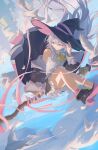  1girl absurdres bird black_hat black_robe blue_eyes blue_sky bow bowtie broom broom_riding cloud cloudy_sky collared_shirt commentary_request elaina_(majo_no_tabitabi) element_z2 full_body hair_between_eyes hat highres hood hood_down hooded_robe long_hair long_sleeves looking_to_the_side majo_no_tabitabi off-shoulder_robe open_clothes open_robe petals pointy_boots ribbon robe shirt sidesaddle skirt sky sleeveless sleeveless_shirt smile solo upside-down white_bird white_hair white_shirt wide_sleeves witch witch_hat yellow_bow yellow_bowtie yellow_ribbon 