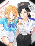  2girls belt black_hair black_hat black_pants blue_eyes blue_shirt commentary eyelashes gloves hat highres looking_at_viewer multiple_girls nami_(one_piece) nico_robin one_eye_closed one_piece one_piece_heroines orange_eyes orange_hair pants salmonnnn353372 shirt shirt_tucked_in smile tongue tongue_out untranslatable_commentary white_gloves 