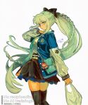  1girl bag black_bow black_skirt black_thighhighs blue_eyes blue_jacket bow braid breasts commentary_request eiki_(eikityou_55) fate/grand_order fate_(series) grey_hair hair_bow jacket long_hair long_sleeves looking_at_viewer medium_breasts morgan_le_fay_(fate) necktie ponytail shirt shopping_bag sidelocks skirt solo thighhighs thighs very_long_hair white_shirt 