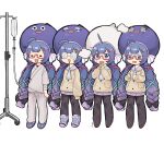  1girl :3 :d ahoge bandaged_arm bandages black_bow blunt_bangs bow cardigan closed_eyes closed_mouth coke-bottle_glasses commentary double-parted_bangs food food-themed_hat full_body glasses hair_bow hair_ornament hair_ribbon hairclip hat highres iv_stand japanese_clothes kimono kuhnoda long_hair long_sleeves miniskirt multiple_views open_mouth otomachi_una otomachi_una_(talkex) pants parallel_hairclips pleated_skirt purple_hair purple_hat purple_shoes purple_skirt purple_slippers red-framed_eyewear ribbon round_eyewear sailor_collar school_uniform semi-rimless_eyewear serafuku shoes simple_background skirt slippers smile standing steamed_bun sweat talkex turn_pale twintails under-rim_eyewear very_long_hair vocaloid white_background white_kimono white_pants white_sailor_collar yellow_cardigan 