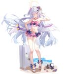  absurdres ahoge angel_wings armpits azusa_(blue_archive) azusa_(swimsuit)_(blue_archive) beach beads beiyong_fadian_ji bikini bikini_skirt blue_archive bow_on_wing collarbone commentary_request crescent_halo crossed_bangs feathered_wings flower full_body hair_flower hair_ornament halo highres long_hair low_wings navel official_alternate_costume pink_bikini purple_flower rolling_suitcase ruffle_bikini sandals strapless strapless_bikini suitcase swimsuit very_long_hair white_background white_wings wings yellow_halo 