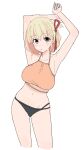  1girl arms_up bikini black_bikini blonde_hair blush bob_cut breasts closed_mouth commentary_request cropped_legs dot_nose groin hair_ribbon highres large_breasts looking_at_viewer lycoris_recoil mismatched_bikini nishikigi_chisato one_side_up orange_bikini pink_eyes red_ribbon ribbon short_hair simple_background solo standing swimsuit umatarou_(a05867430) white_background 