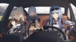 3girls absurdres ak-12_(girls'_frontline) ak-15_(girls'_frontline) alva_(girls'_frontline_2) an-94_(girls'_frontline) black_gloves blue_eyes blue_hair blush breasts car car_interior cat closed_mouth commentary_request driving dumbbell eyewear_on_head girls'_frontline girls'_frontline_2:_exilium glasses gloves highres jacket jishou_kusaboukun koleda_(girls'_frontline_2) long_hair medium_breasts motor_vehicle multiple_girls navel open_mouth steering_wheel stomach teeth voymastina_(girls'_frontline_2) white_hair 