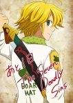  antenna_hair blonde_hair emblem green_eyes harumiya highres holding holding_sword holding_weapon left-handed long_sleeves looking_at_viewer looking_back meliodas nanatsu_no_taizai sheath shirt smile solo sword sword_behind_back unsheathing upper_body weapon weapon_on_back white_shirt 