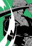  1boy absurdres commentary green_background greyscale_with_colored_background highres holding holding_sword holding_weapon japanese_clothes kimono male_focus one_piece roronoa_zoro shi_camellia8 short_hair smile solo stitched_torso stitches sword upper_body weapon 