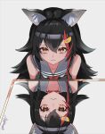  1girl :3 absurdres animal_ear_fluff animal_ears black_hair black_sailor_collar breasts close-up commentary_request highres hololive it's_all_a_matter_of_angle_(meme) looking_at_viewer maymea meme mirror ookami_mio ookami_mio_(1st_costume) orange_eyes portrait red_hair sailor_collar simple_background solo virtual_youtuber white_background wolf_ears wolf_girl 