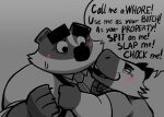 2026 accessory anthro badger beastly_crimes beastly_crimes_(2024) bencomedion blush capybara caviid chief_badger claws clothing dialogue duo english_text fan_character hi_res humanoid_hands male mammal mustelid musteline necktie overweight overweight_male rodent shirt simple_background suspenders text topwear
