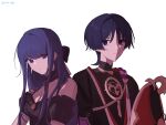  1boy 1girl arms_at_sides black_bodysuit black_bow black_dress black_hair black_kimono black_sleeves blunt_ends bodysuit bow breasts brooch character_request choppy_bangs cleavage closed_mouth collarbone commentary_request commission couple covered_collarbone cross-laced_clothes cross-laced_dress detached_collar detached_sleeves dress expressionless eyelashes frilled_sleeves frills gem genshin_impact gold hair_bow hat hetero highres japanese_clothes jewelry jingasa juban kimono korean_commentary layered_sleeves long_hair long_sidelocks looking_at_viewer mandarin_collar medium_breasts mitsudomoe_(shape) neck_ring oc_x_canon open_clothes open_kimono original puffy_sleeves purple_eyes purple_gem purple_rope purple_sleeves red_gem red_hat red_kimono rope san_bgb scaramouche_(genshin_impact) scaramouche_(harbinger)_(genshin_impact) second-party_source shimenawa short_sleeves sidelocks single_bare_shoulder spaghetti_strap tassel tomoe_(symbol) tsurime twitter_username unworn_hat unworn_headwear vision_(genshin_impact) white_background white_kimono white_rope wispy_bangs 