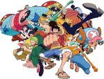  2girls 6+boys afro antlers bandana_around_arm bikini bikini_top_only black_hair black_suit blonde_hair blue_hair blue_kimono blue_shorts boots brook_(one_piece) commentary cross crown denim eyewear_on_head franky_(one_piece) green_hair green_kimono guitar hat hayashi_yuuki highres holding holding_guitar holding_instrument holding_staff holding_sword holding_weapon horns instrument japanese_clothes jeans jinbe_(one_piece) kimono leg_up long_hair monkey_d._luffy multiple_boys multiple_girls nami_(one_piece) nico_robin official_art one_piece open_mouth orange_hair pants ponytail red_shirt reindeer_antlers roronoa_zoro sandals sanji_(one_piece) shirt short_hair shorts skeleton staff straw_hat_pirates suit swimsuit sword third-party_source tony_tony_chopper usopp weapon wristband 