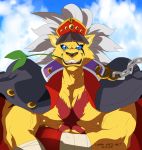  2018 bancholeomon blue_eyes cape chain clothing cloud digimon grin logan_sato looking_at_viewer male muscular nipples scar sky slit_pupils smile solo vein 